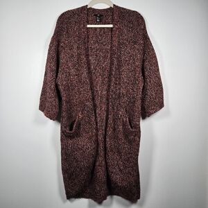 H&M Red Black Marled Knit Open Front Long Duster Cardigan Sweater Size Large